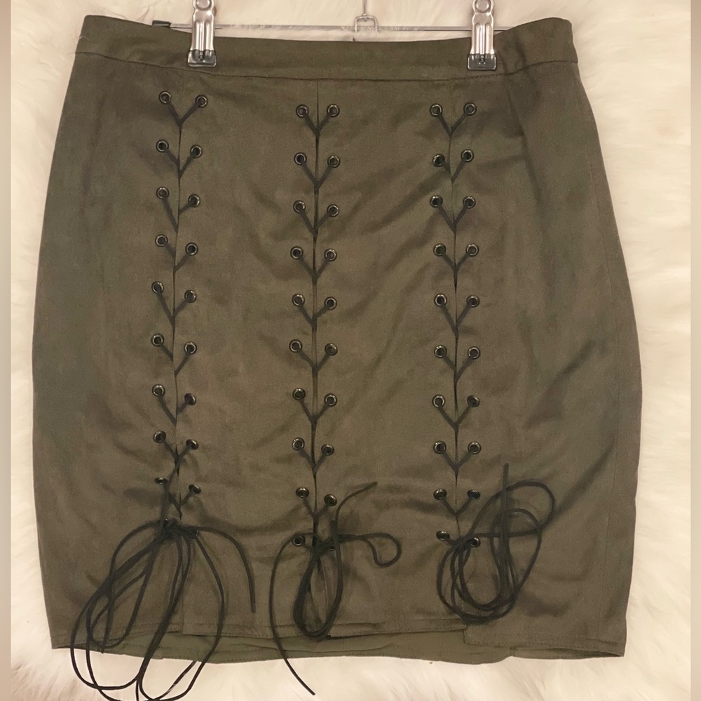 Suede Olive Mini Skirt W. Rope Tie Up Detailing